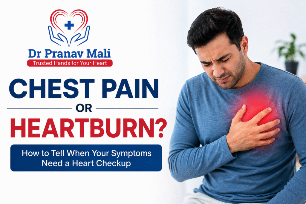 Chest Pain or Heartburn? Educational heart health banner featuring Dr. Pranav Mali's logo and a patient experiencing chest discomfort, highlighting the importance of knowing when symptoms require a heart checkup.