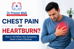 Chest Pain or Heartburn? Educational heart health banner featuring Dr. Pranav Mali's logo and a patient experiencing chest discomfort, highlighting the importance of knowing when symptoms require a heart checkup.