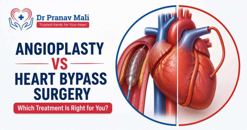 Angioplasty vs Heart Bypass Surgery blog banner featuring Dr. Pranav Mali's logo with a heart care illustration, optimized for the keyword Heart Bypass Specialist.