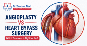 Angioplasty vs Heart Bypass Surgery blog banner featuring Dr. Pranav Mali's logo with a heart care illustration, optimized for the keyword Heart Bypass Specialist.